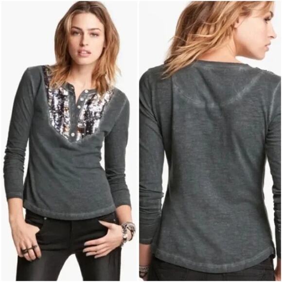 Free People Tiger Eyes Henley Shirt Womens S‎ Taupe Brown Sequins Bohemian Boho - Picture 1 of 9